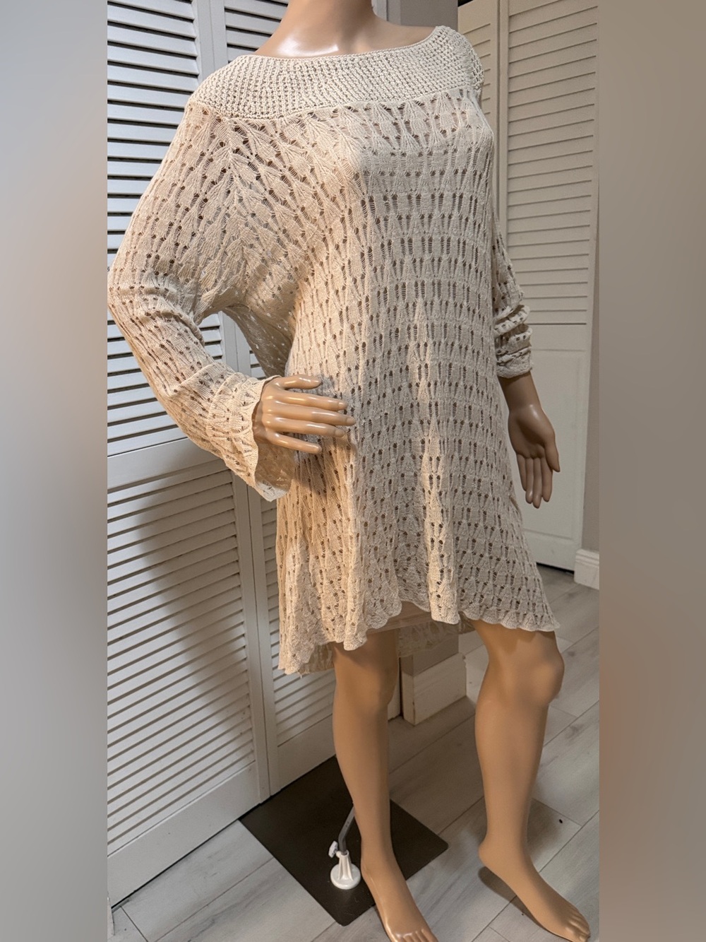 La Moda Ivory Crochet Open Knit Tunic Sweater Dress | Boho Resort Beach Cover Up